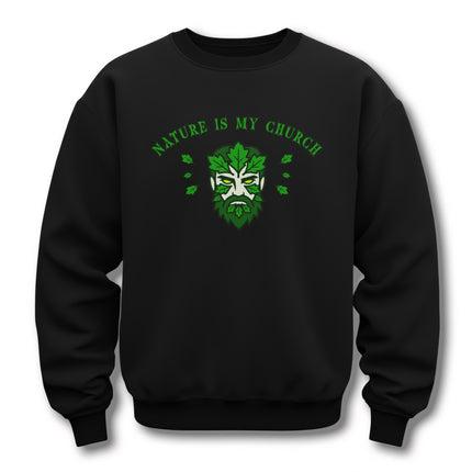 Nature Is My Church sweatshirt with Green Man graphic, perfect for pagan and earth spirit lovers.