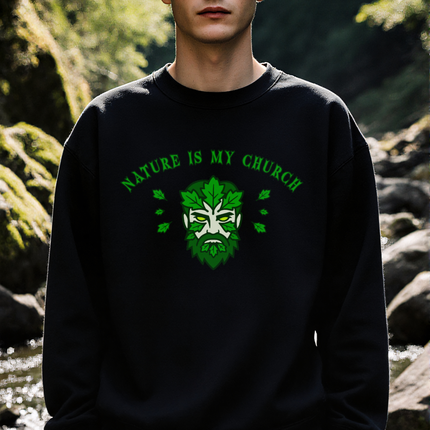 Black Green Man sweatshirt with "Nature Is My Church" graphic.