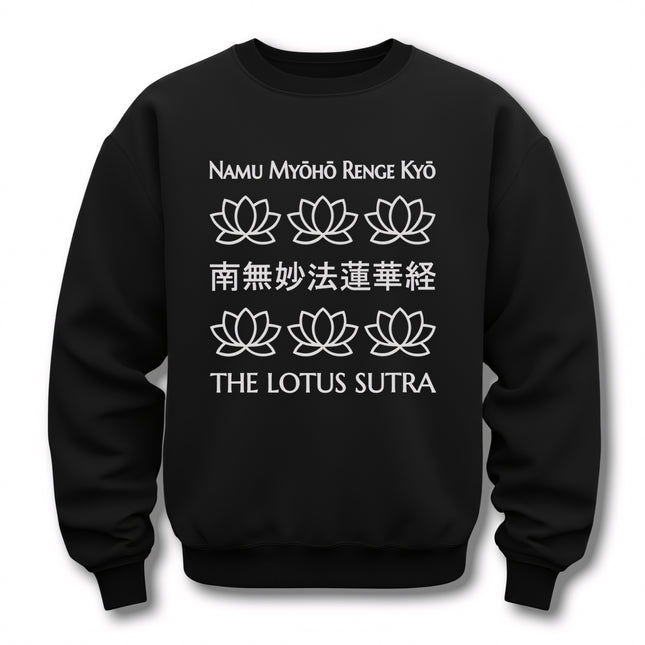 Namu Myoho Renge Kyo Lotus Sutra sweatshirt with Buddhist lotus flower graphic.