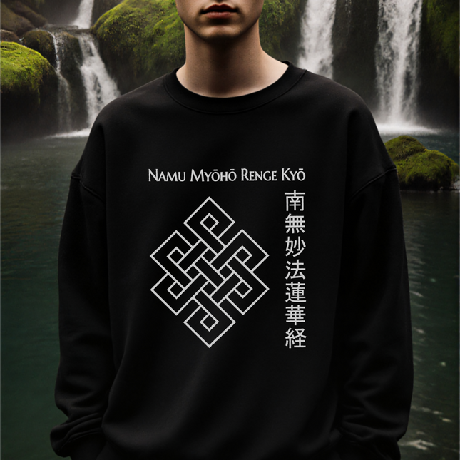 Black sweatshirt featuring a white Endless Knot and Namu Myōhō Renge Kyō Buddhist mantra graphic.