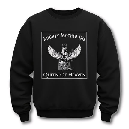 Black sweatshirt featuring line art of Isis, the Mighty Mother Queen of Heaven Egyptian goddess graphic.