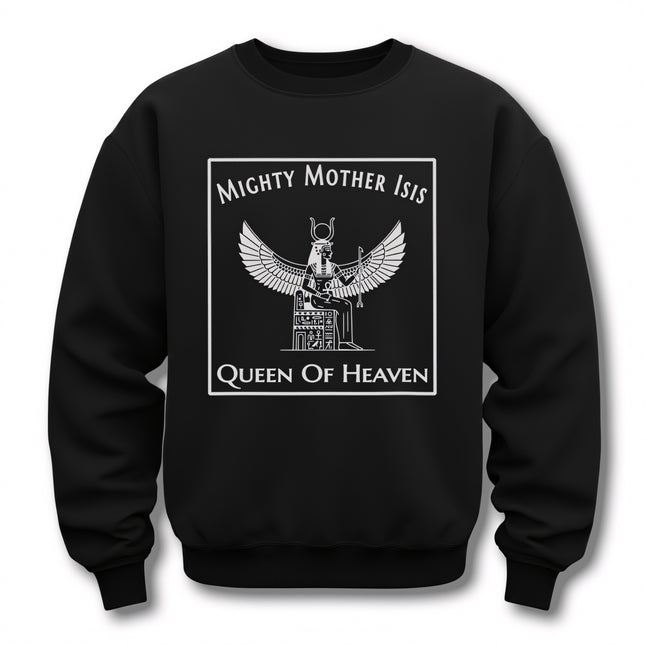 Black sweatshirt featuring line art of Isis, the Mighty Mother Queen of Heaven Egyptian goddess graphic.