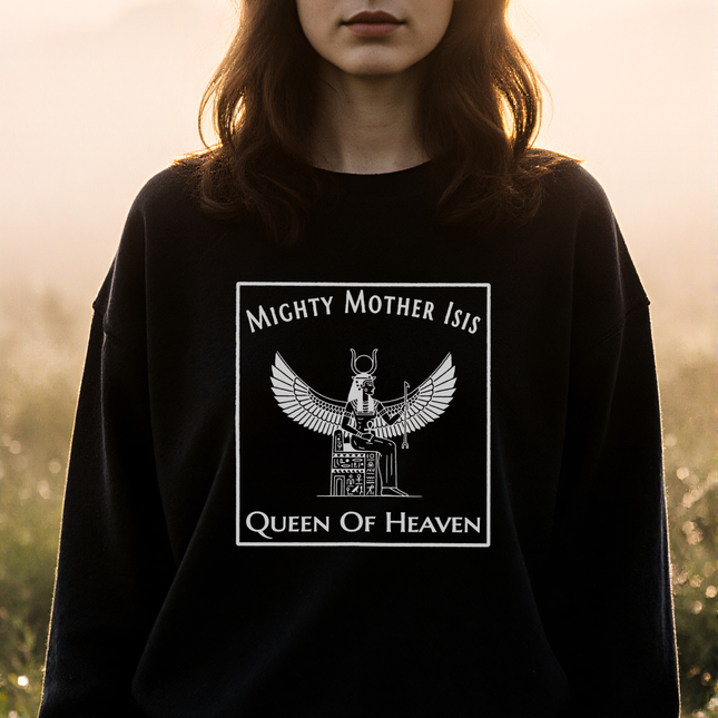 Isis Mighty Mother Queen of Heaven Egyptian goddess graphic sweatshirt design.