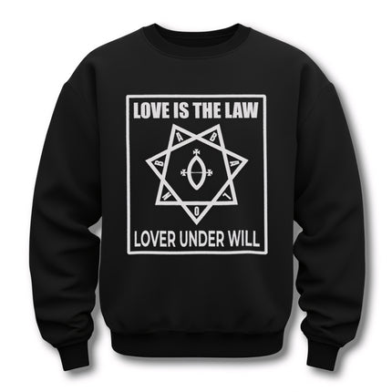 Thelemic "Love Is The Law" occult symbol graphic on a black unisex sweatshirt.
