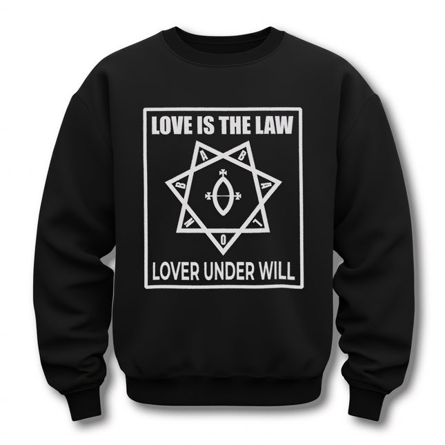 Thelemic "Love Is The Law" occult symbol graphic on a black unisex sweatshirt.