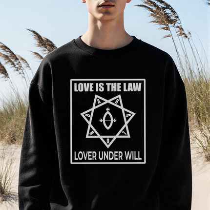 Black occult sweatshirt featuring "Love Is The Law" and esoteric symbol graphic.