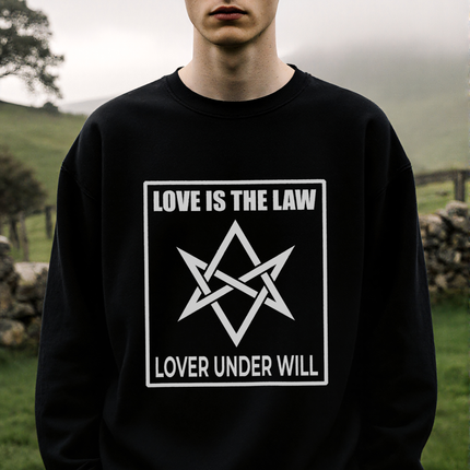 Love Is The Law Lover Under Will occult symbol on black sweatshirt.