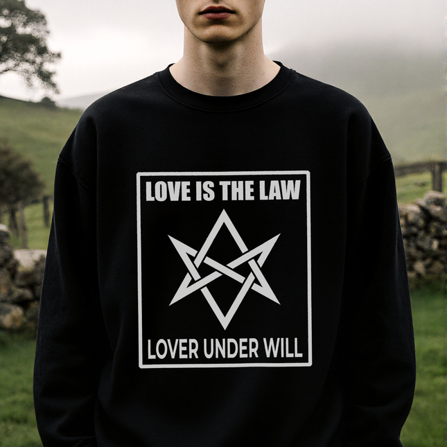 Love Is The Law Lover Under Will occult symbol on black sweatshirt.
