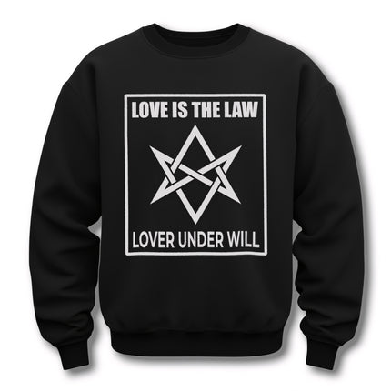 Thelema Love Is The Law sweatshirt featuring the Babalon heptagram and occult symbol.