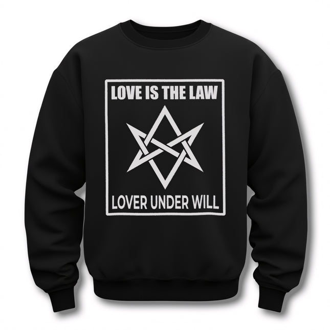 Thelema Love Is The Law sweatshirt featuring the Babalon heptagram and occult symbol.