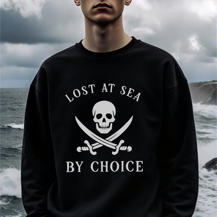 Lost At Sea By Choice pirate skull graphic sweatshirt with crossed swords and nautical theme.