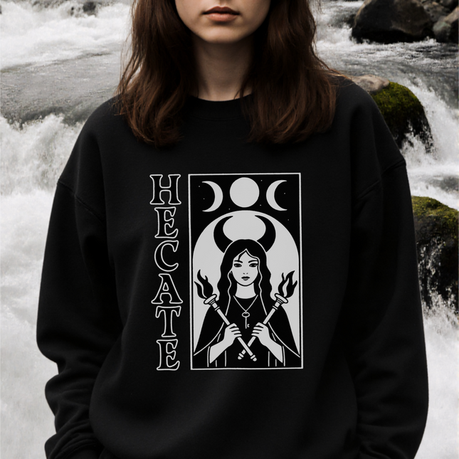 Hecate Goddess Sweatshirt | Triple Moon Witch Torches Key Magic Pullover V1