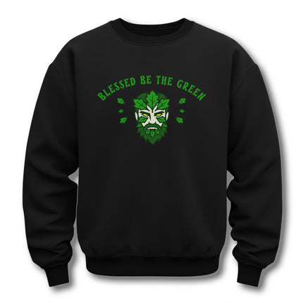 Green Man graphic on a black sweatshirt with "Blessed Be The Green" pagan nature text.