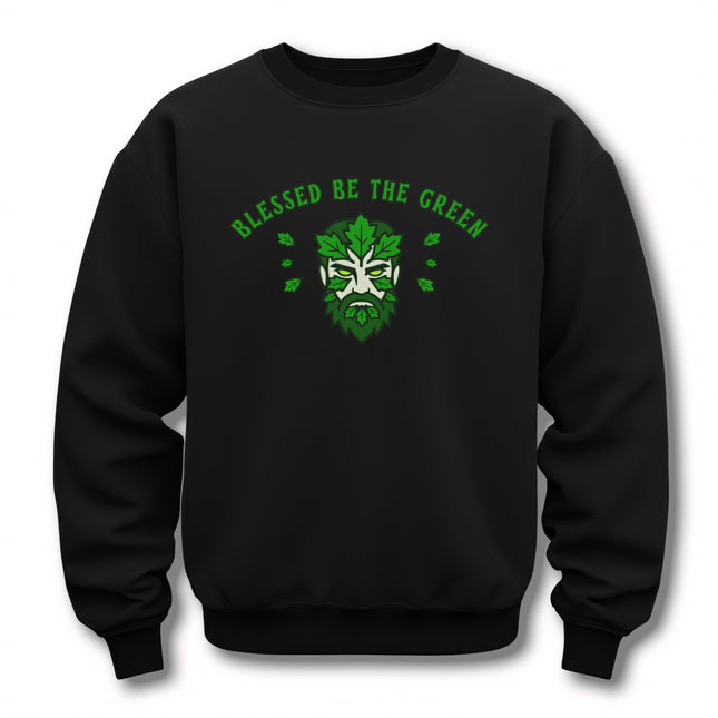 Green Man graphic on a black sweatshirt with "Blessed Be The Green" pagan nature text.