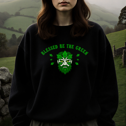 Black sweatshirt featuring the Green Man graphic and "Blessed Be The Green Man" text.