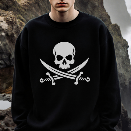 Skull and crossed sabers graphic on a black pirate sweatshirt.