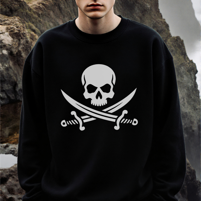 Skull and crossed sabers graphic on a black pirate sweatshirt.