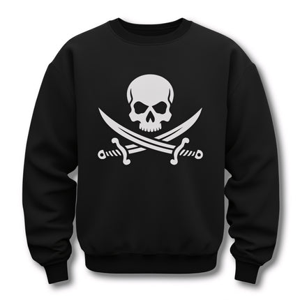 Pirate skull and crossed sabers graphic on a black sweatshirt.