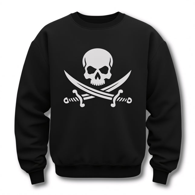 Pirate skull and crossed sabers graphic on a black sweatshirt.