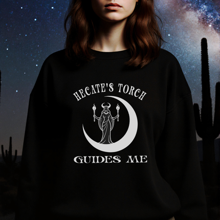 Hecate goddess sweatshirt featuring a torch, crescent moon, and pagan guidance design.