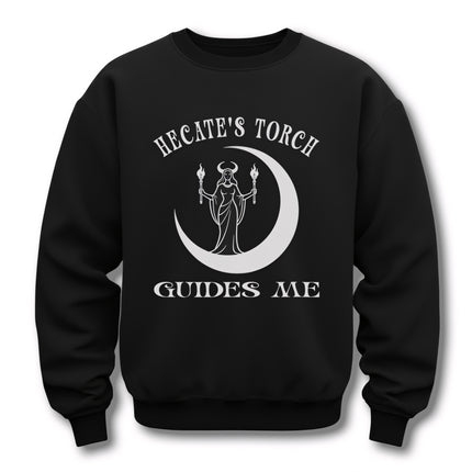 Hecate goddess graphic with torch and crescent moon on black sweatshirt. "Guides Me.