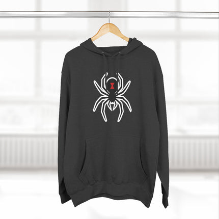 Black hoodie with a white graphic of a stylized spider silhouette. Gothic arachnid design.