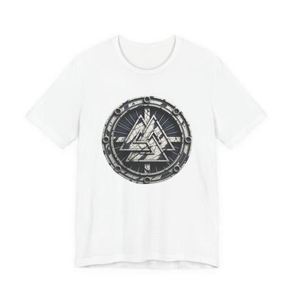 Detailed Valknut symbol graphic print on a white Norse mythology t-shirt.