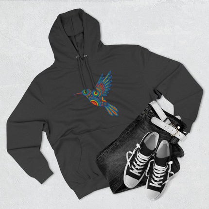 Indigenous Huichol art hummingbird graphic on black pullover hoodie.