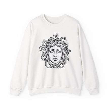 Medusa head graphic with coiled snakes, Greek mythology line art.
