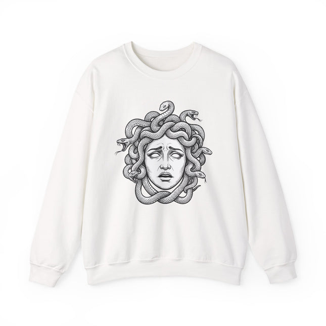 Medusa head graphic with coiled snakes, Greek mythology line art.