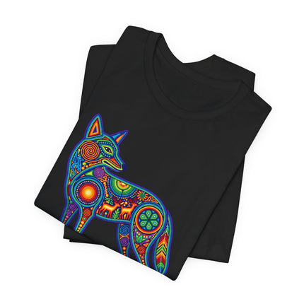 Colorful Huichol coyote graphic tee featuring vibrant Mexican folk art patterns.