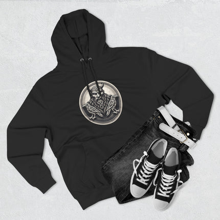 Norse Odin graphic featuring ravens and Viking mythology emblem design.