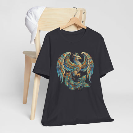 Ornate Homa Bird phoenix graphic on a black t-shirt, inspired by colorful Persian mythology art.