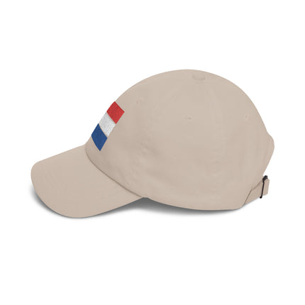 Netherlands flag baseball cap with Dutch tricolor embroidery. Casual beige national pride hat.