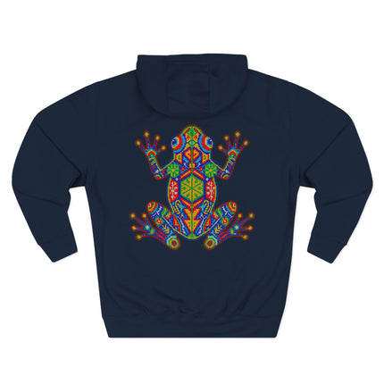 Colorful Huichol geometric frog art print on a dark blue pullover hoodie.