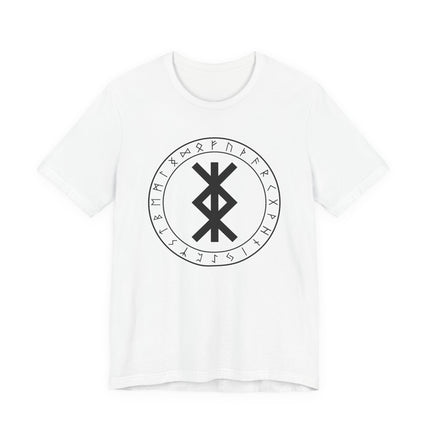 Norse rune graphic tee featuring the Elder Futhark circle and central protection bind rune symbol.