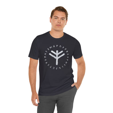 Men's t-shirt featuring Norse runes and a central Y-shaped pagan symbol (Algiz rune).