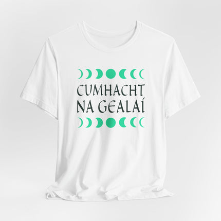 Irish "Power of the Moon" t-shirt featuring the lunar cycle and Cumhacht na Gealaí text.