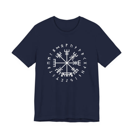 Norse Vegvisir rune compass graphic tee featuring Viking runes on a dark t-shirt.