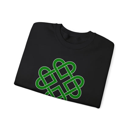 Green sweatshirt featuring a celtic knot clover heart graphic symbolic pullover.