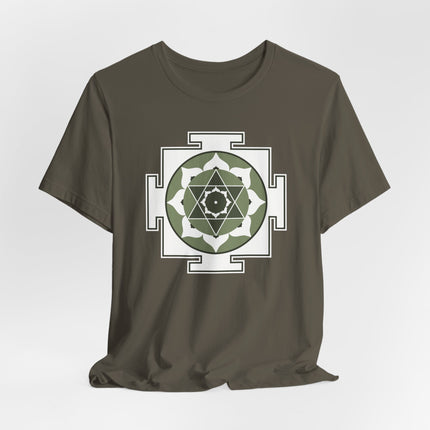Sacred geometry Yantra design on a t-shirt, symbolizing Hindu goddess prosperity and cosmic harmony.