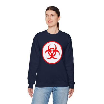 Black sweatshirt featuring a bold red biohazard warning symbol graphic.