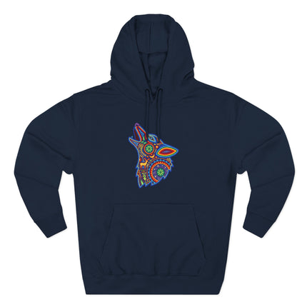 Huichol Wolf Hoodie | Vibrant Mexican Folk Art Howling Unisex Pullover Hoodie