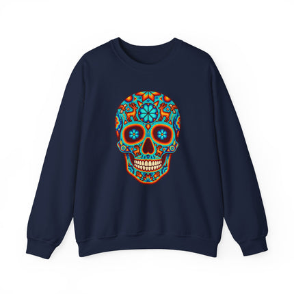 Vibrant Mexican Huichol sugar skull graphic on a dark blue unisex sweatshirt.