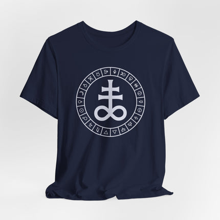 Occult t-shirt featuring the Leviathan Cross and alchemical symbols within a circular esoteric glyph design.