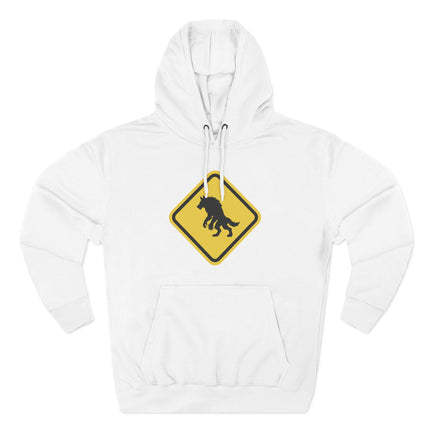 Werewolf silhouette warning sign graphic printed on a white pullover hoodie.