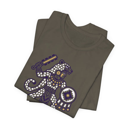 Aztec Jaguar Warrior T-Shirt | Blue and Gold Mesoamerican Graphic Tee
