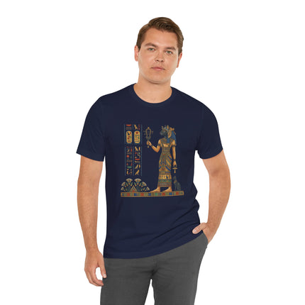 Ancient Egypt Bastet goddess graphic tee featuring hieroglyphs and cat motifs.