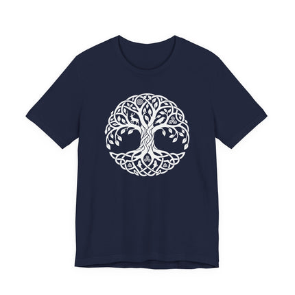 Intricate Celtic Tree of Life graphic on a navy blue t-shirt.
