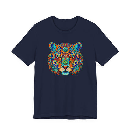 Vibrant Huichol jaguar tribal art graphic tee design on a dark shirt.